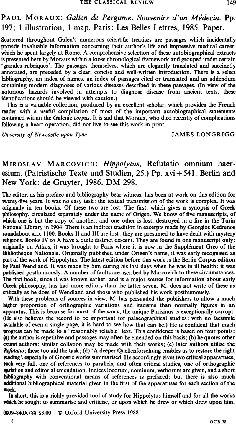 Paul Moraux: Galien De Pergame. Souvenirs D'un Médecin. Pp. 197; 1 