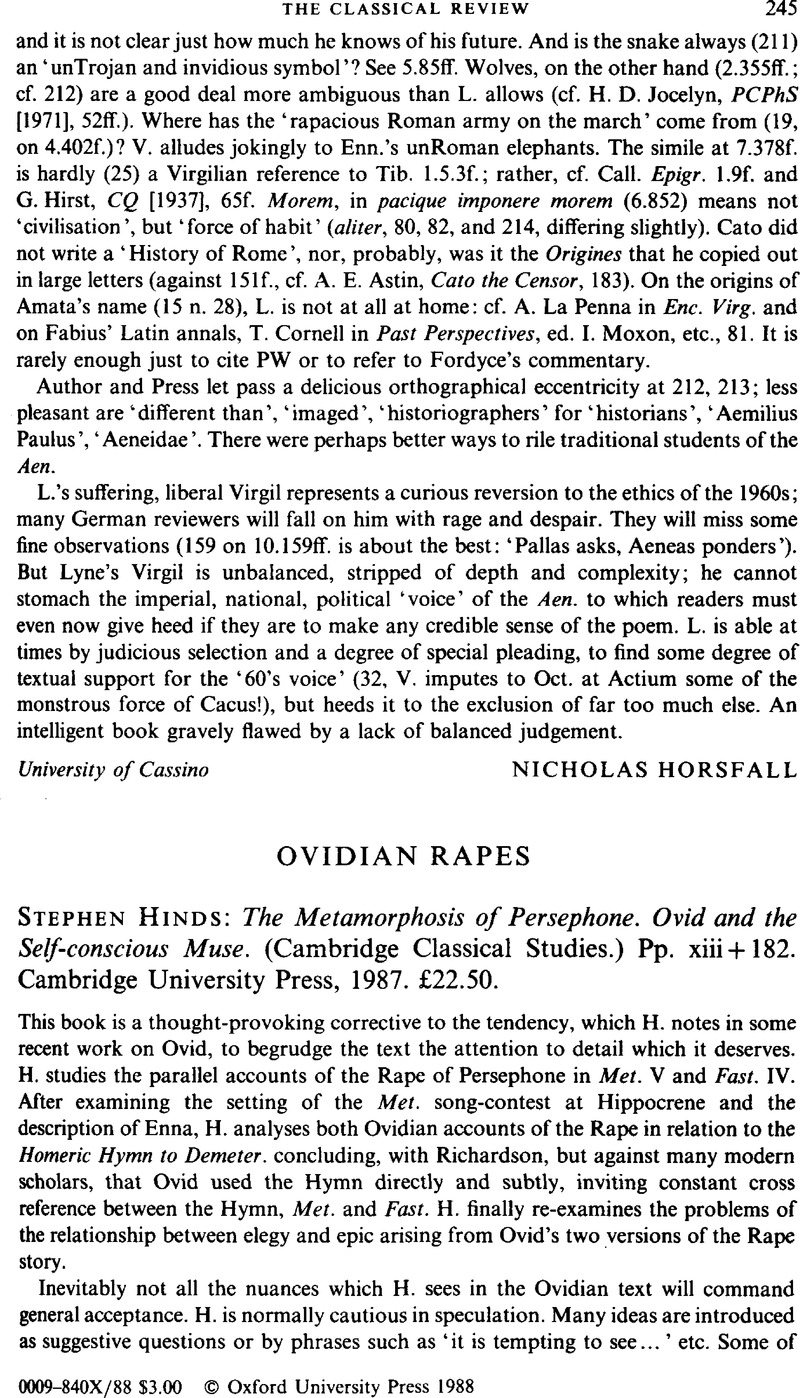 Ovidian Rapes Stephen Hinds The Metamorphosis of Persephone. Ovid