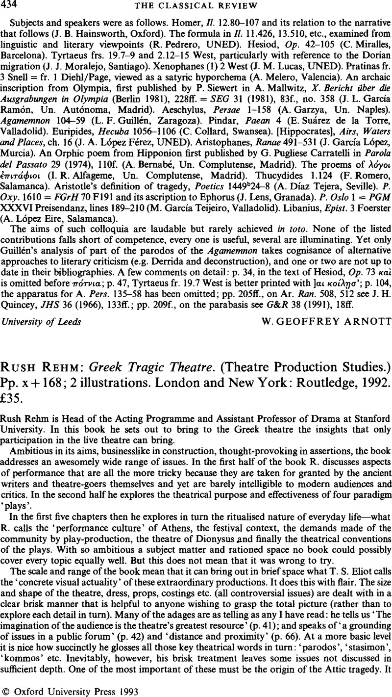 Rush Rehm: Greek Tragic Theatre. (Theatre Production Studies.) Pp. x ...