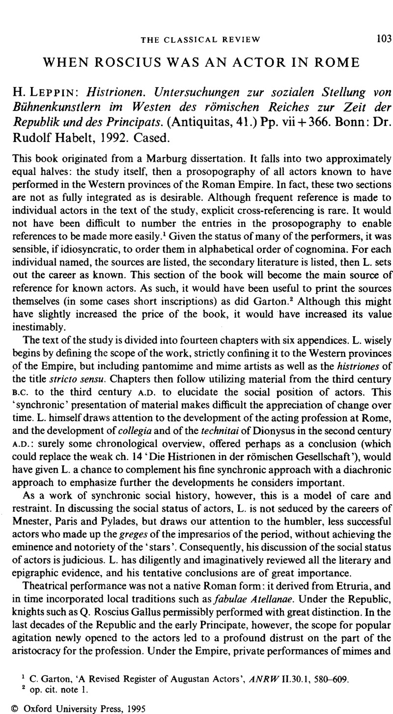 When Roscius was an Actor in Rome H. Leppin Histrionen