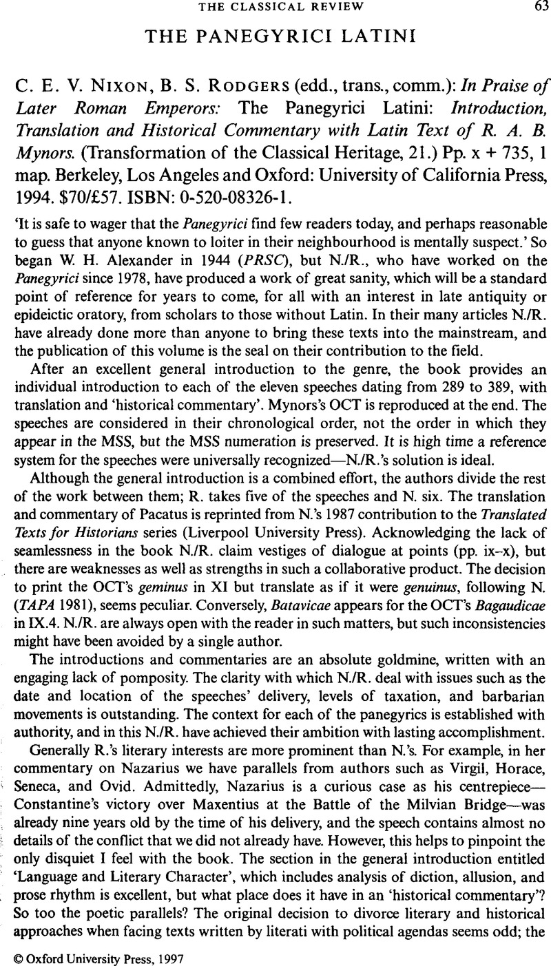 The Panegyrici Latini - C. E. V. Nixon, B. S. Rodgers (edd., Trans ...