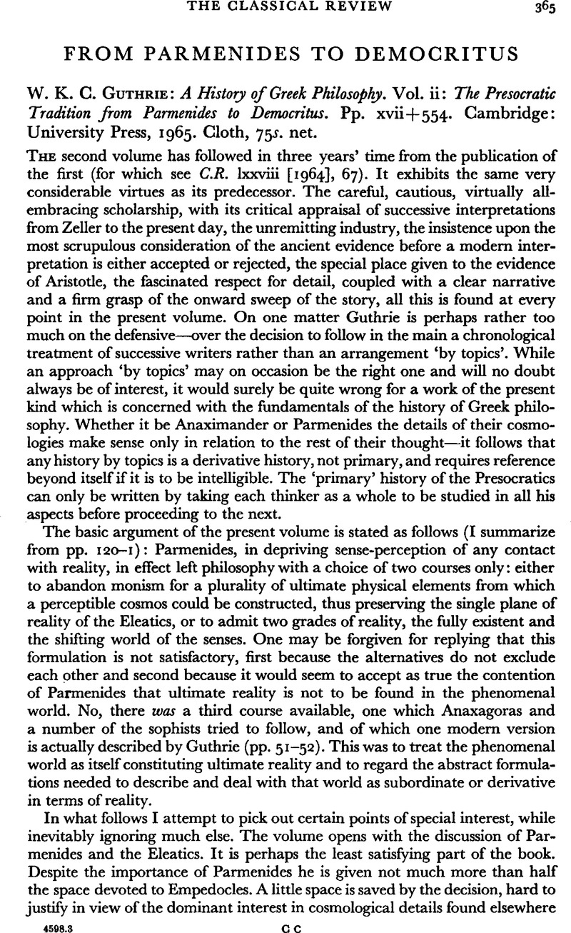 From Parmenides to Democritus - W. K. C. Guthrie: A History of Greek ...