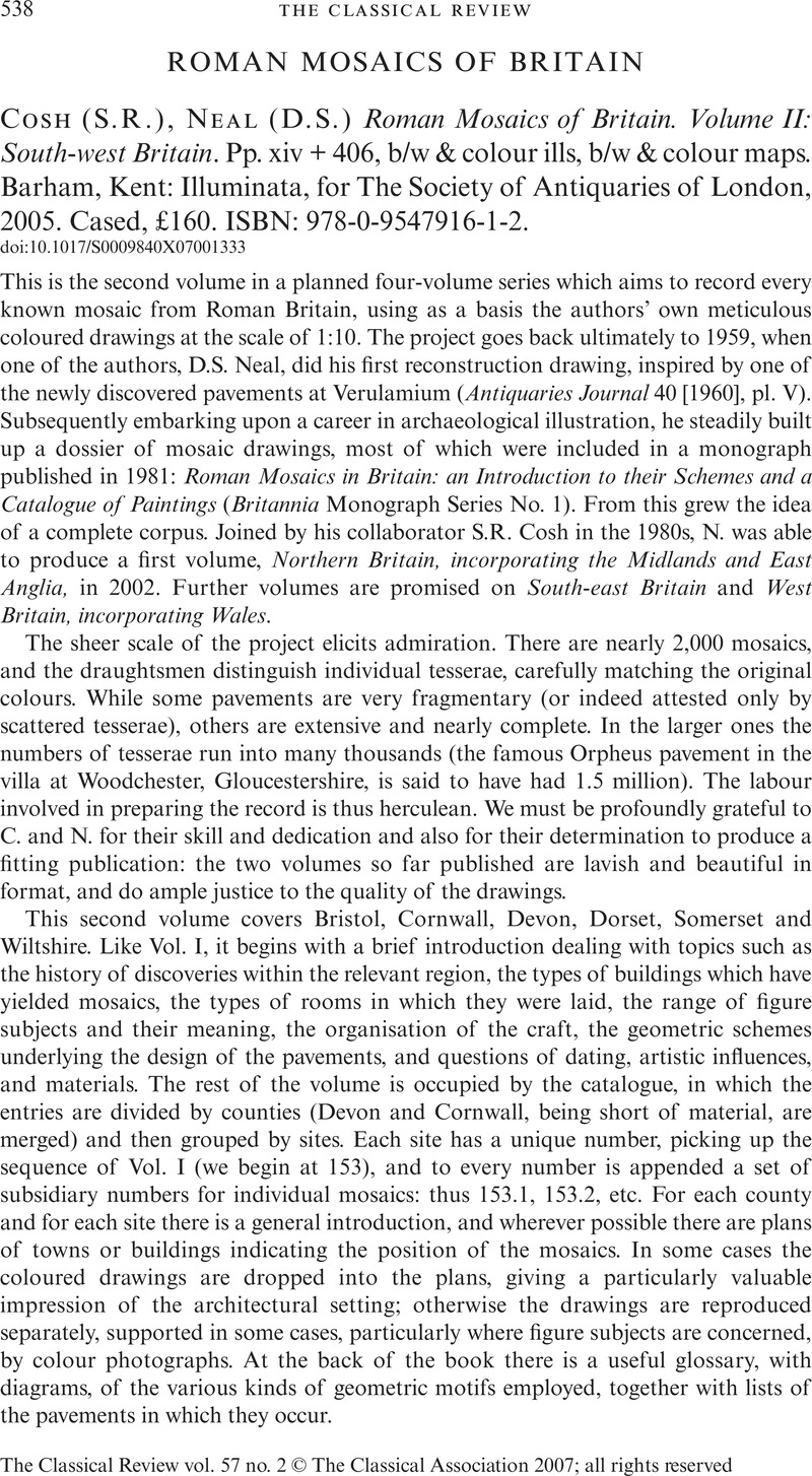 (S.R.) Cosh, (D.S.) Neal Roman Mosaics of Britain. Volume II: South ...