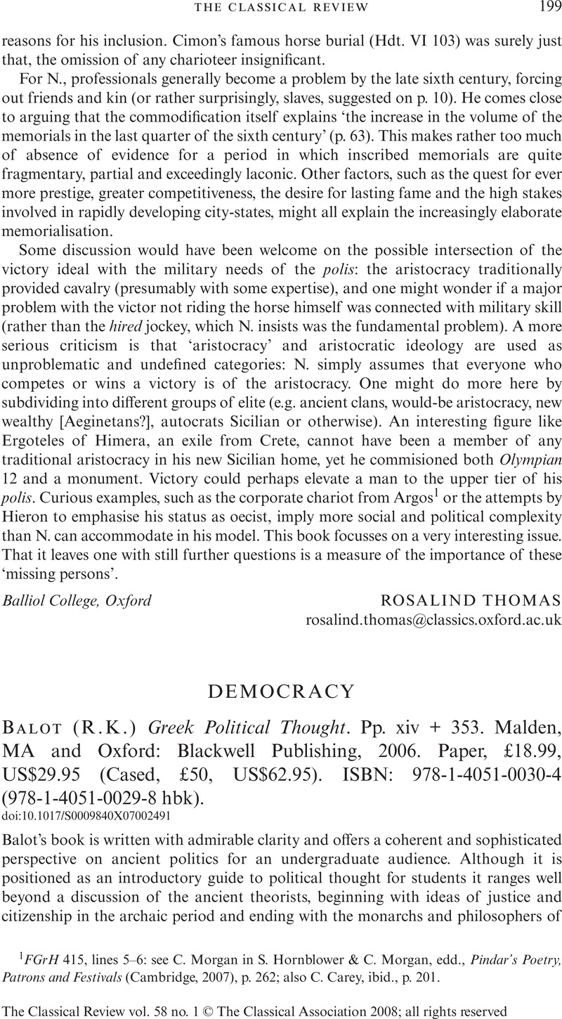 R.K.) Balot Greek Political Thought. Pp. xiv + 353. Malden, MA and