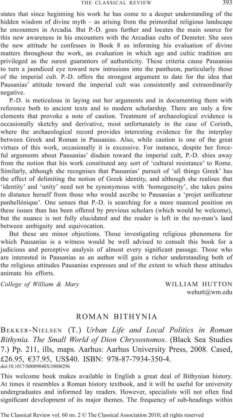 Urban Life and Local Politics in Roman Bithynia: The Small World of Dion Chrysostomos