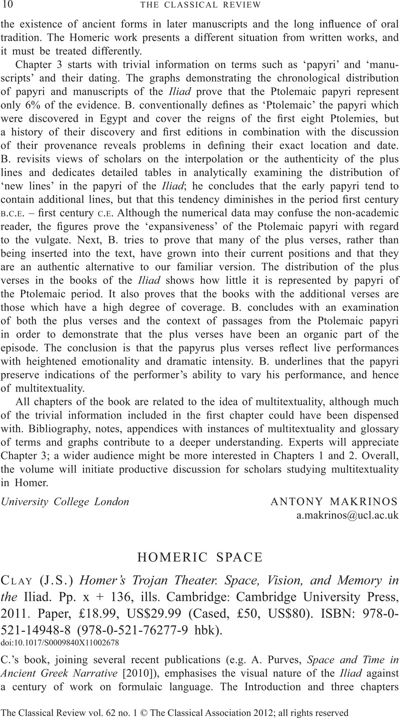 Homers Trojan Theater: Space, Vision, and Memory in the IIiad