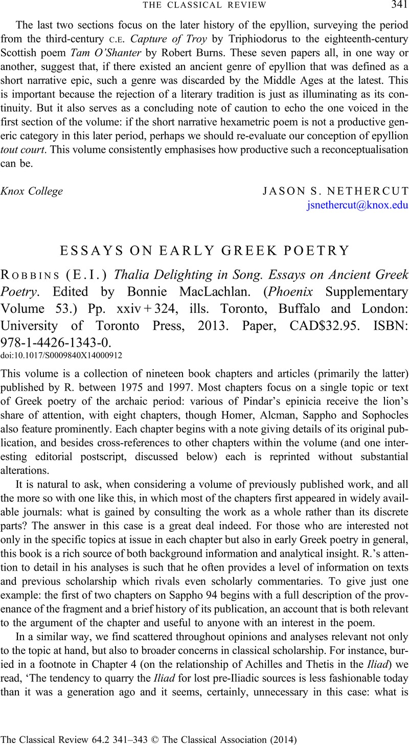 Thalia Delighting in Song: Essays on Ancient Greek Poetry (Phoenix Supplementary Volumes)