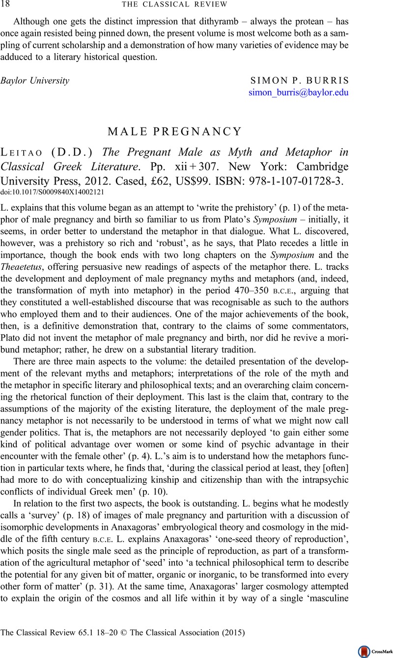 The Pregnant Male as Myth and Metaphor in Classical Greek Literature