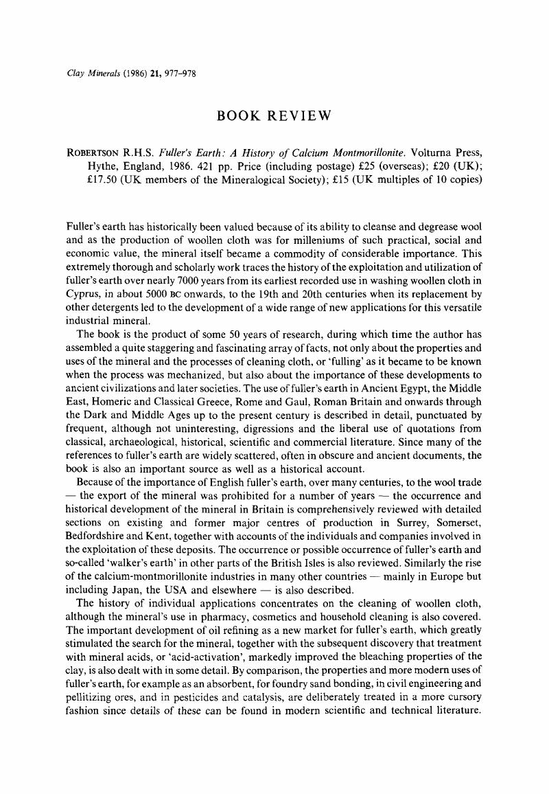 R.H.S. Robertson. Fuller's Earth A History of Calcium Montmorillonite