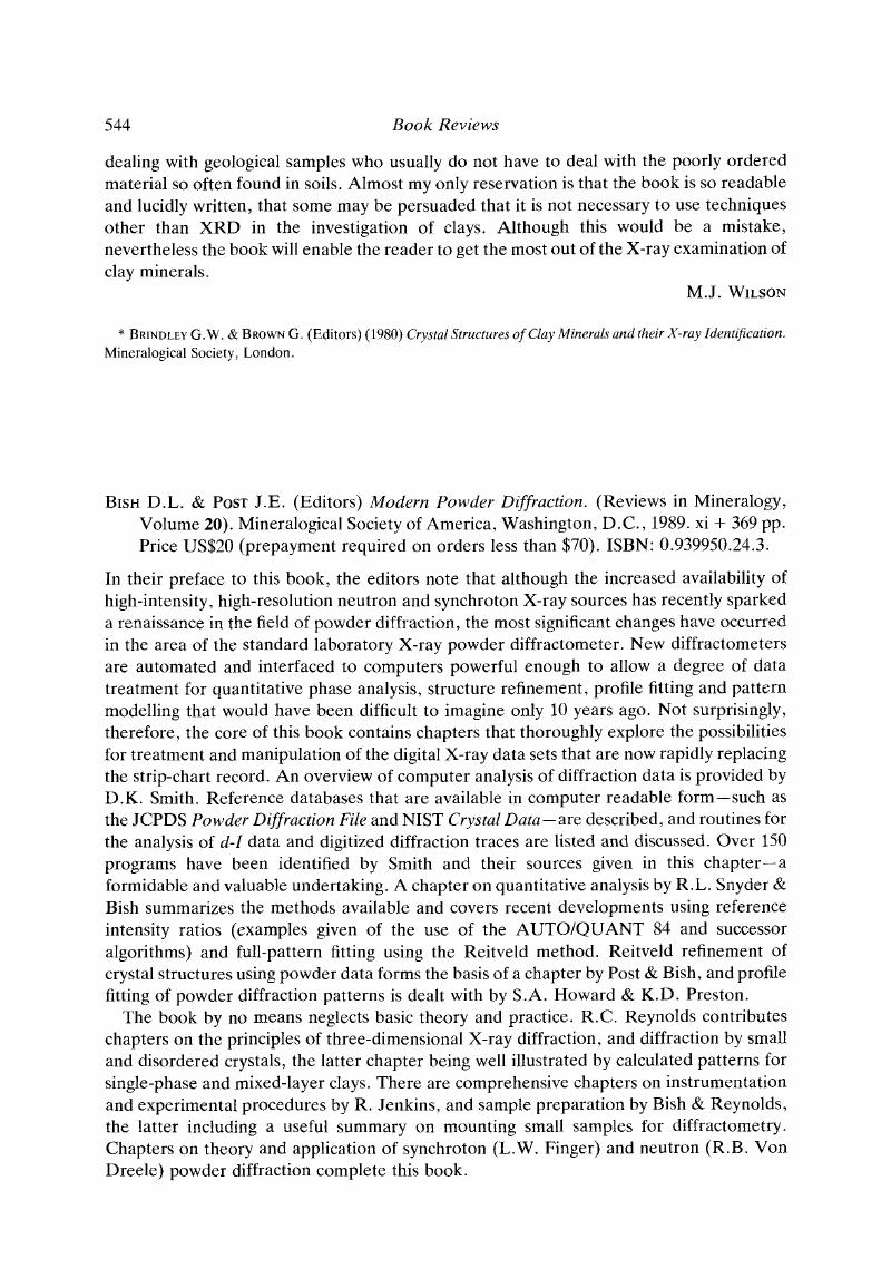 D.L. Bish & J.E. Post (Editors) Modern Powder Diffraction. (Reviews in ...