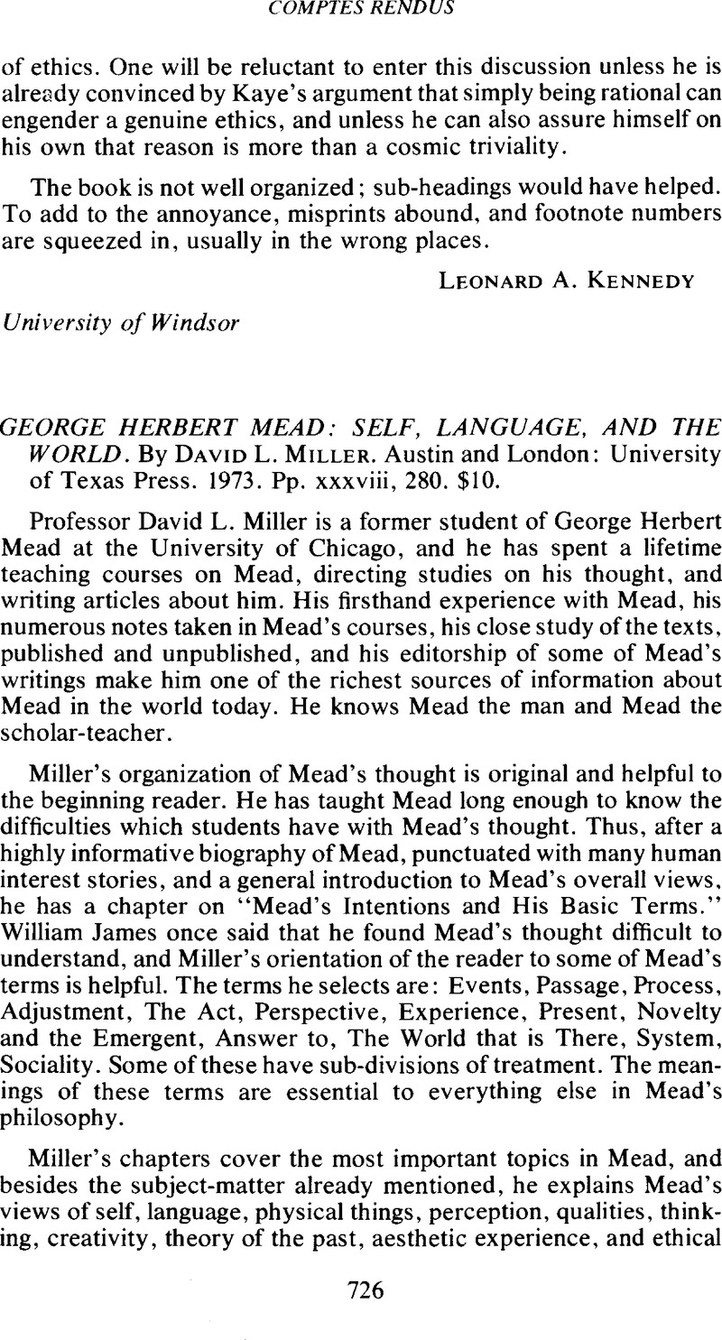 Language Mead George Herbert Mead: Self, Language, and the World. By David L. Miller ...