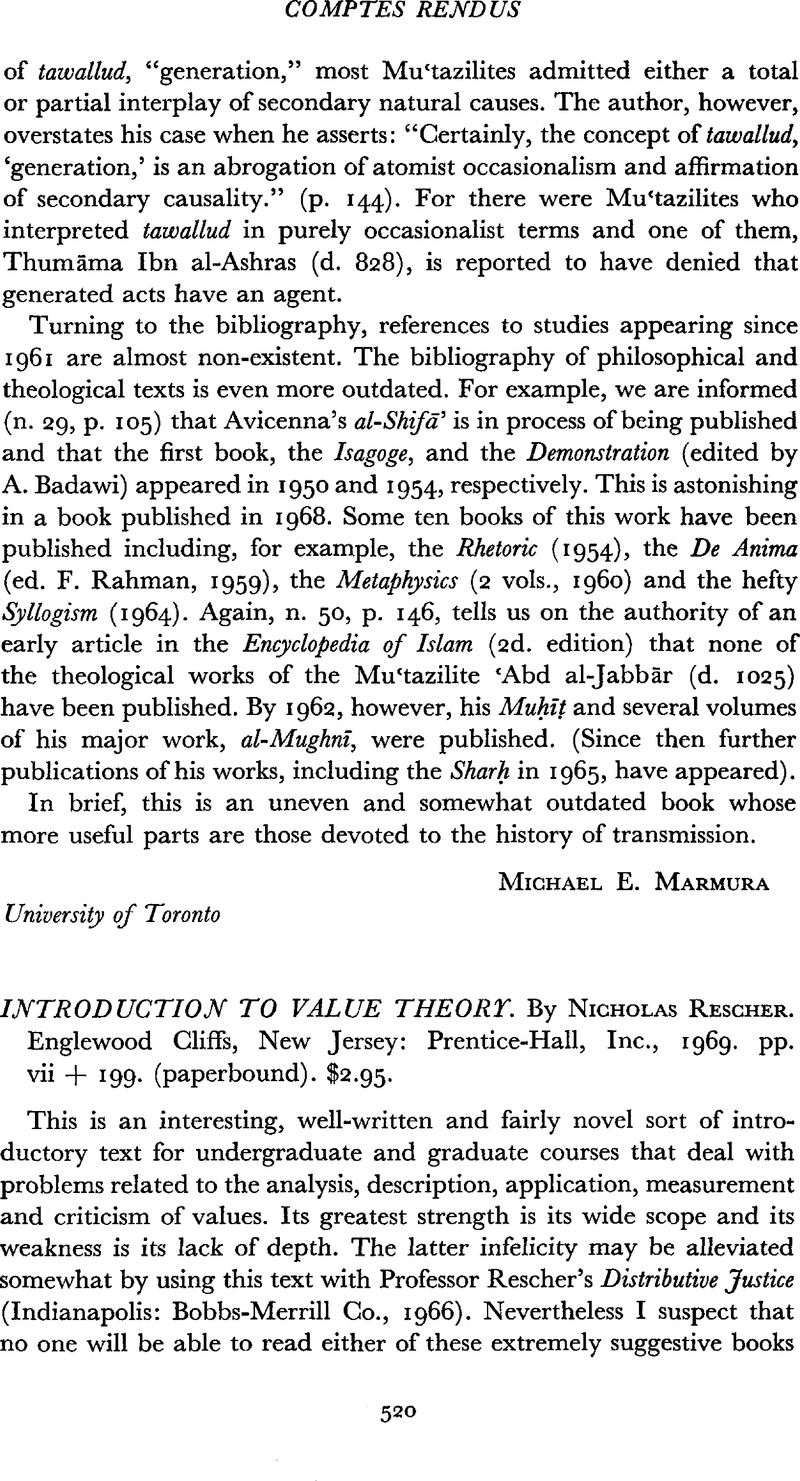 Introduction to Value Theory. By Nicholas Rescher. Englewood Cliffs