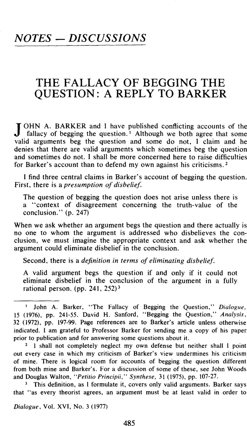 The Fallacy of Begging the Question: A Reply to Barker | Dialogue ...