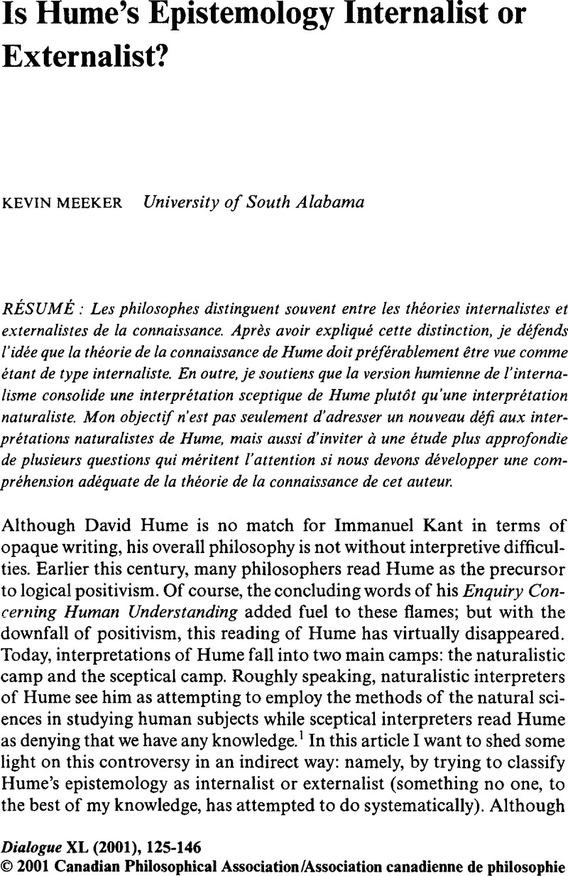 Is Hume's Epistemology Internalist or Externalist? Dialogue Canadian
