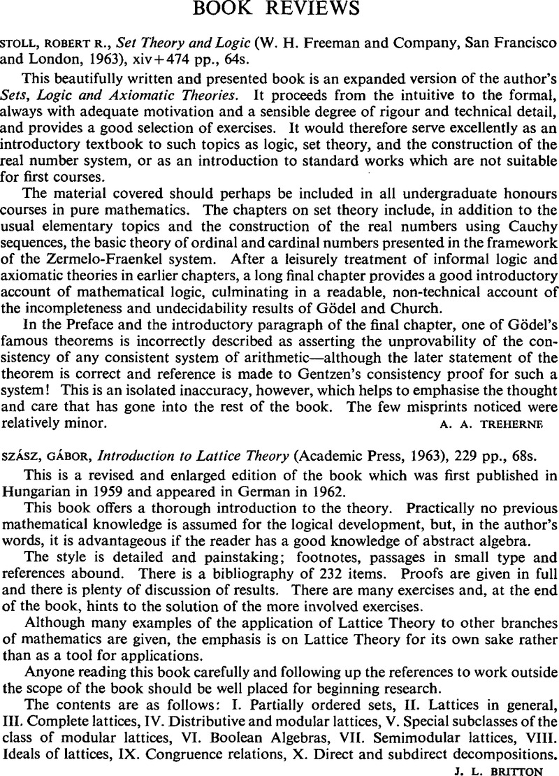 Robert R. Stoll, Set Theory and Logic (W. H. Freeman and Company, San ...