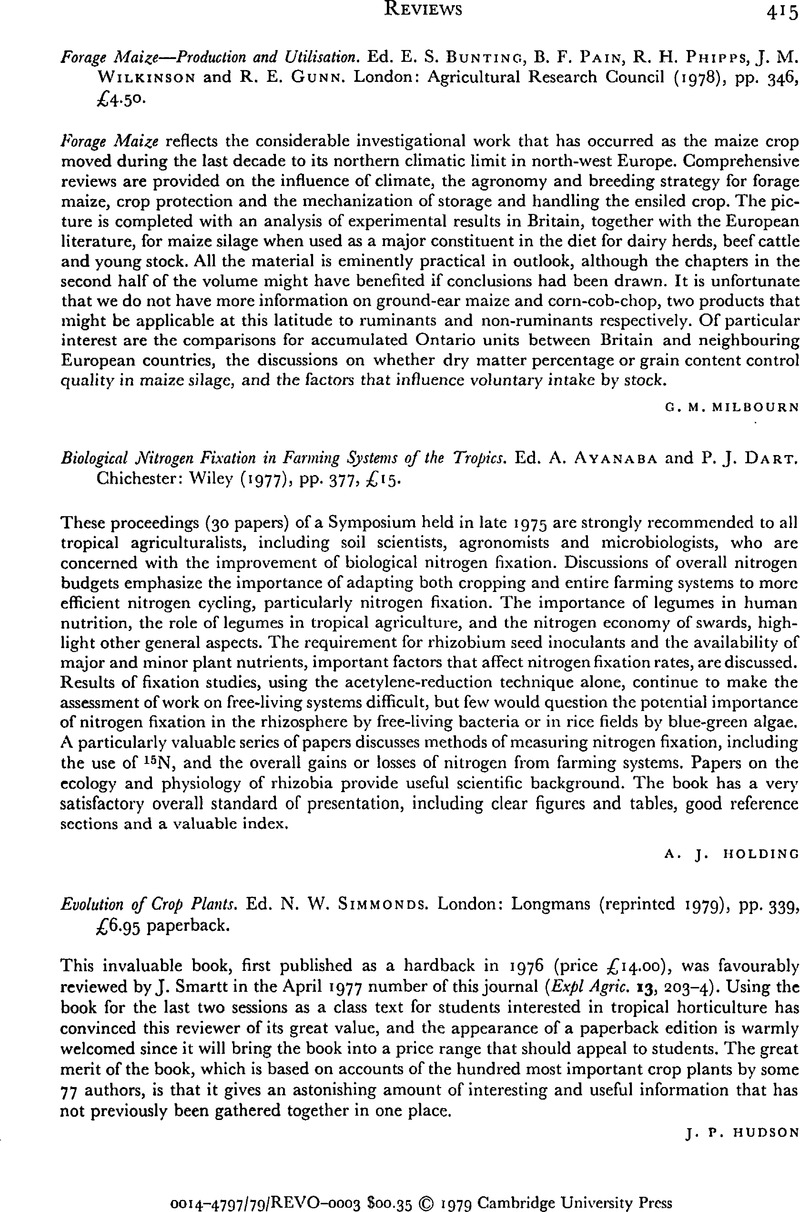 Evolution Of Crop Plants. Ed. N. W. Simmonds. London: Longmans 