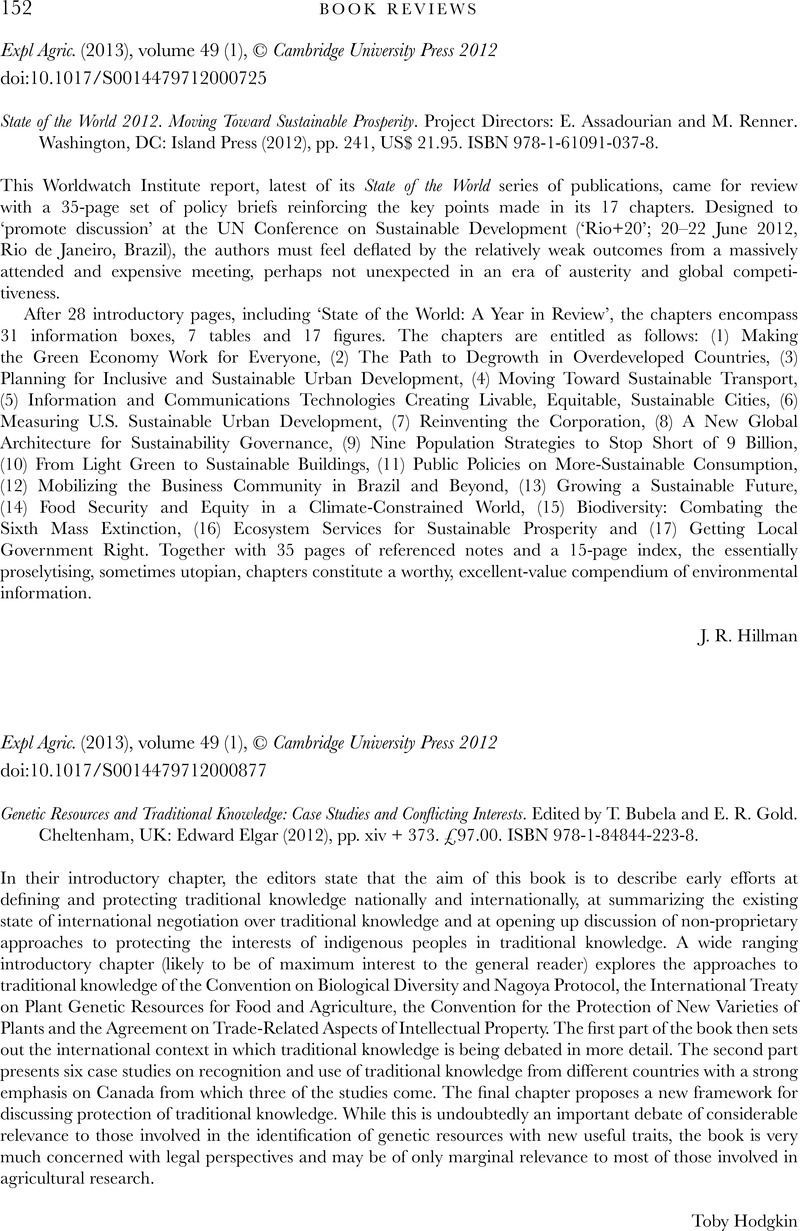 State of the World 2012: Moving Toward Sustainable Prosperity