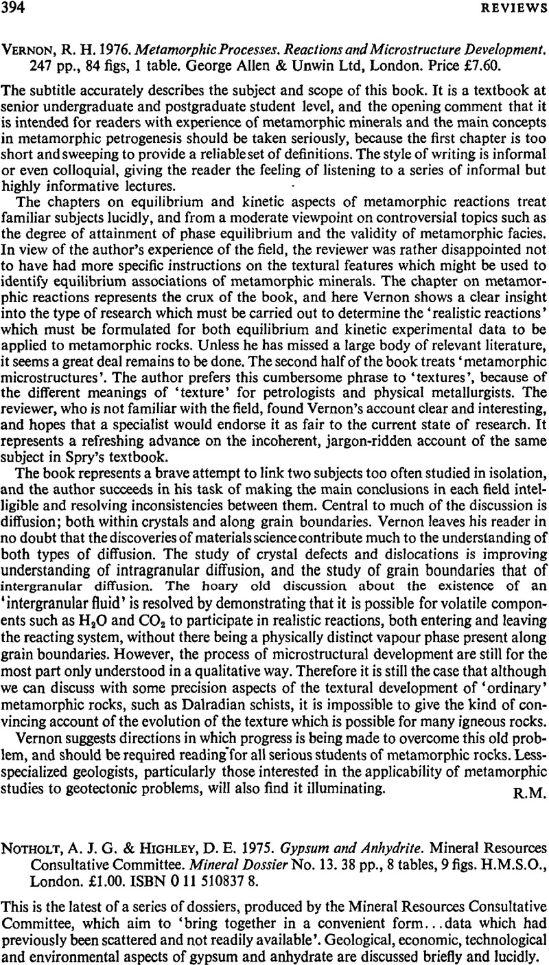 R. H. Vernon 1976. Metamorphic Processes. Reactions And Microstructure 