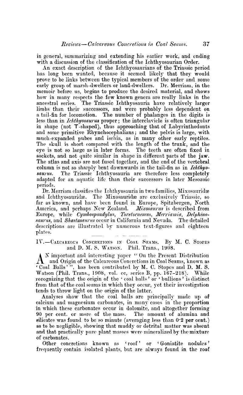 IV.—Calcareous Concretions in Coal Seams. By M. C. Stopes and D. M. S ...