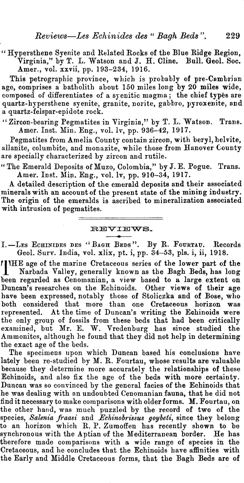 I.—Les Echinides des “Bagh Beds”. By R. Fourtau. Records Geol. Surv