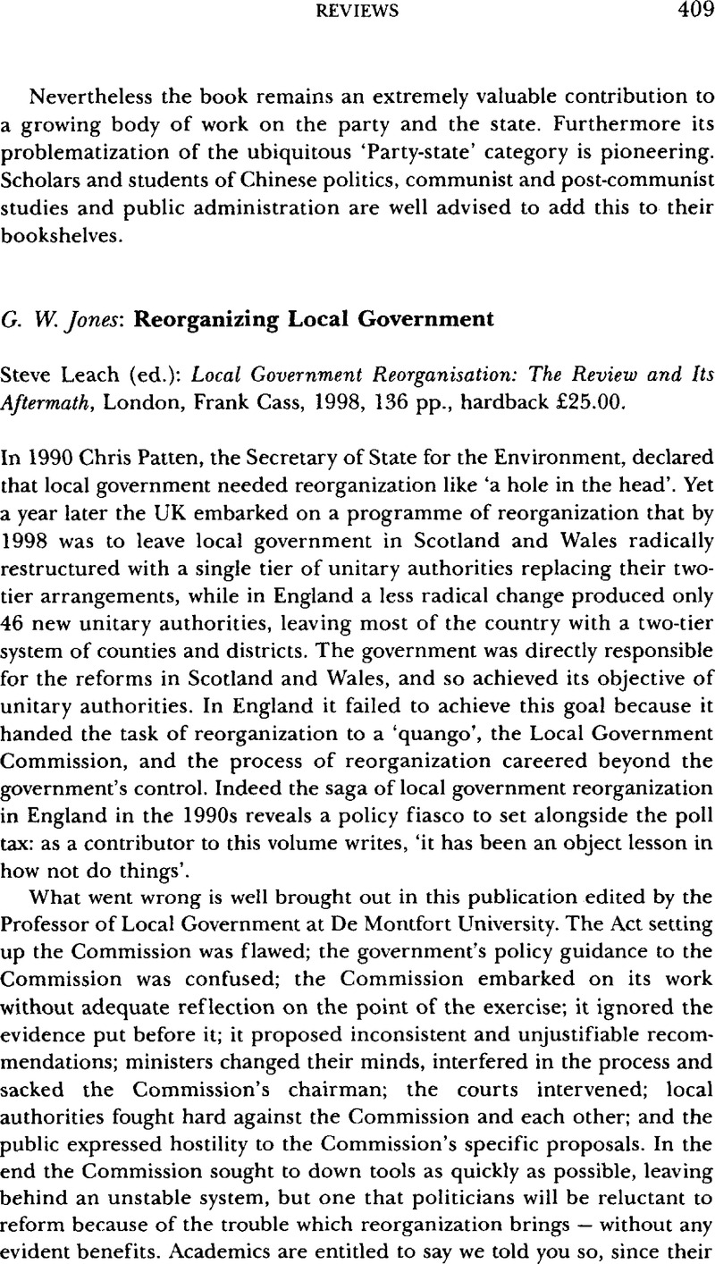 Local Government Reorganisation: The Review and its Aftermath