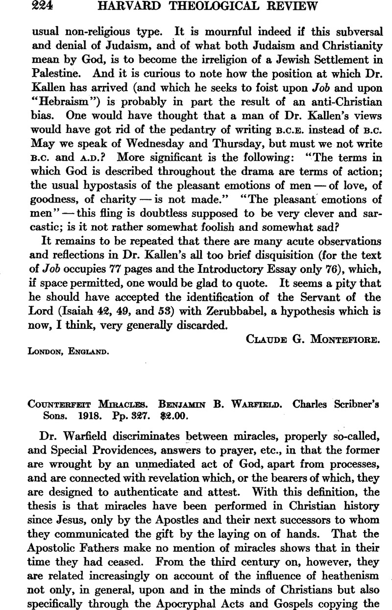 Counterfeit Miracles. Benjamin B. Warfield. Charles Scribner's Sons ...