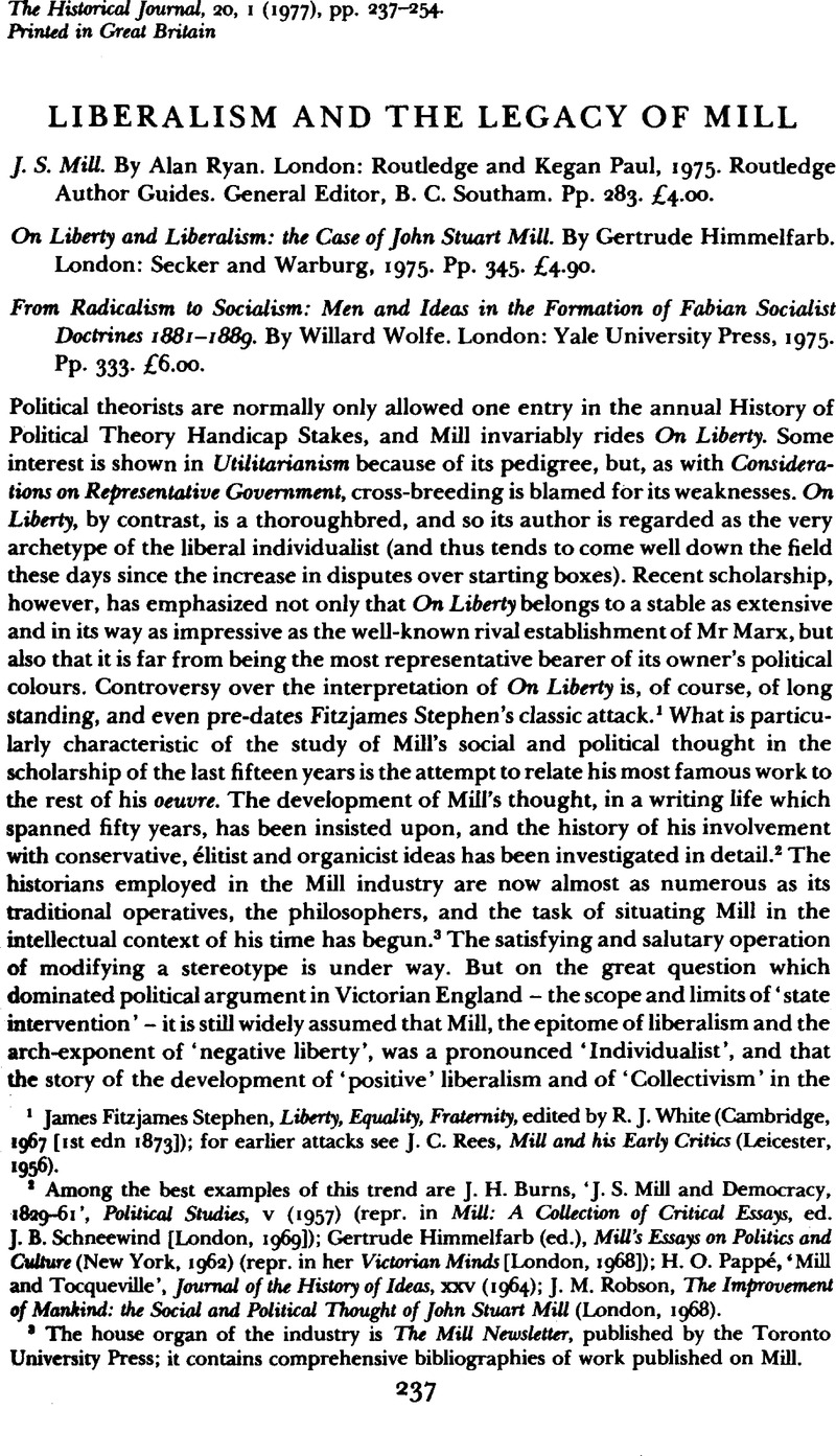 Liberalism and the Legacy of Mill The Historical Journal