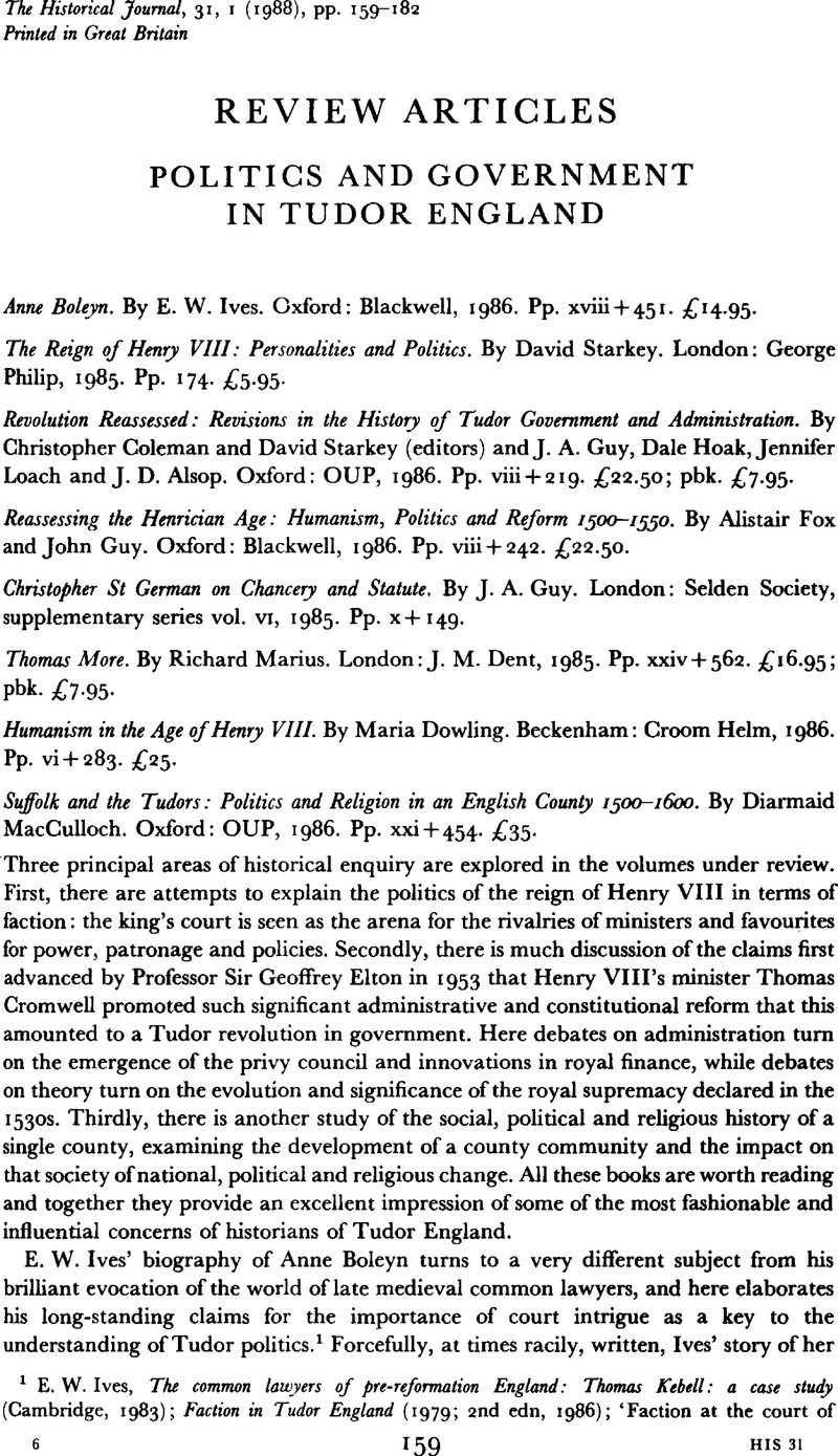 Politics and Government in Tudor england The Historical Journal