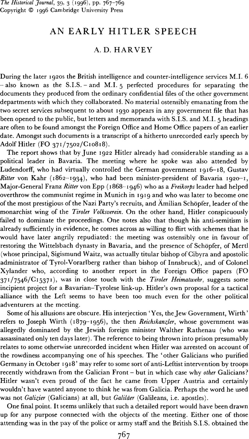 An Early Hitler Speech The Historical Journal Cambridge Core