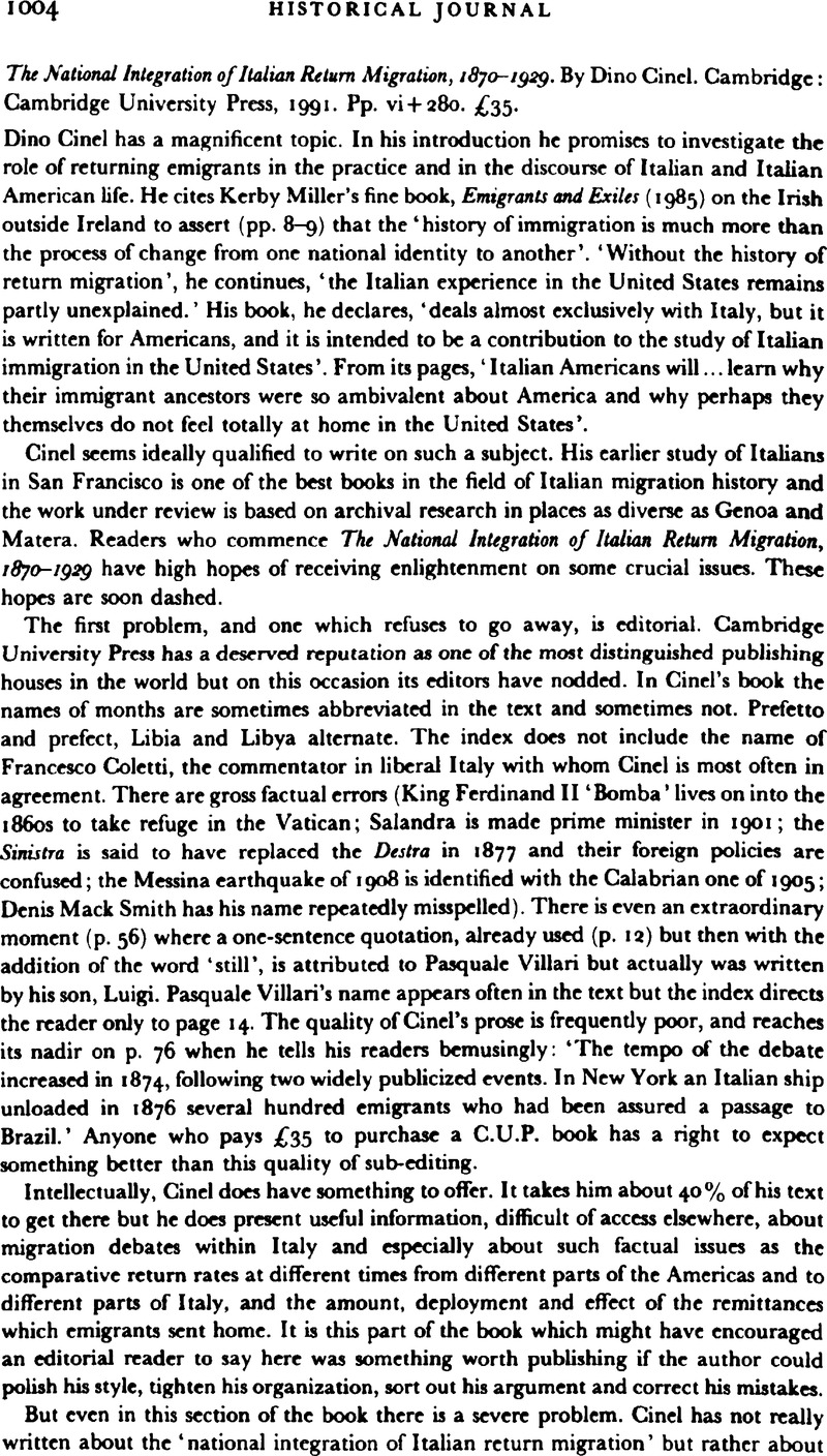 The National Integration of Italian Return Migration, 1870-1929. By ...