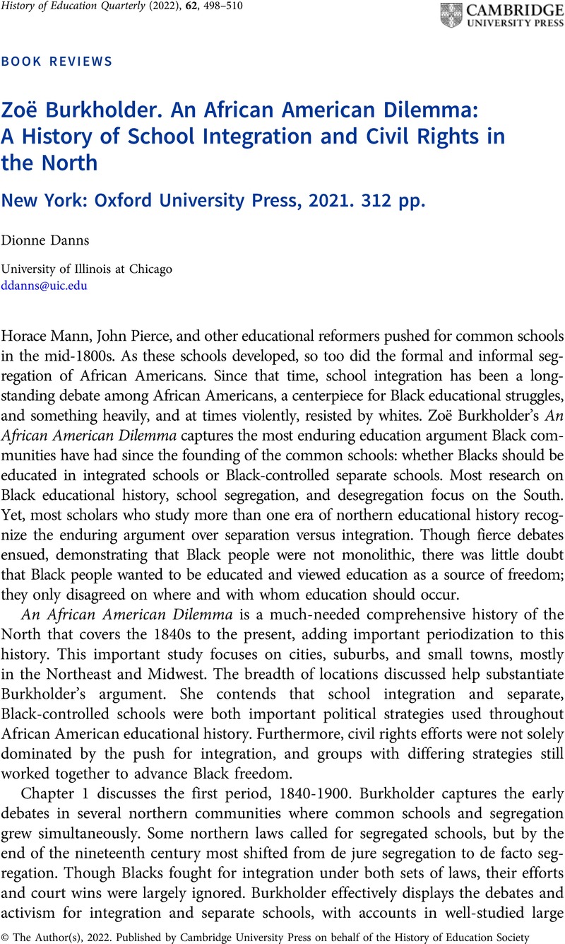 Zoë Burkholder. An African American Dilemma A History of School