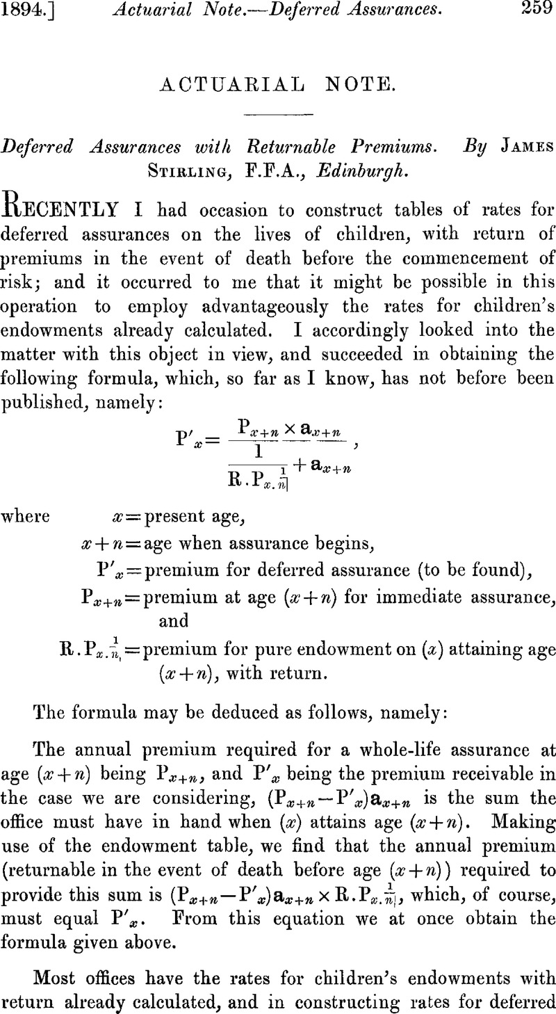 Deferred Assurances With Returnable Premiums | Journal Of The Institute ...