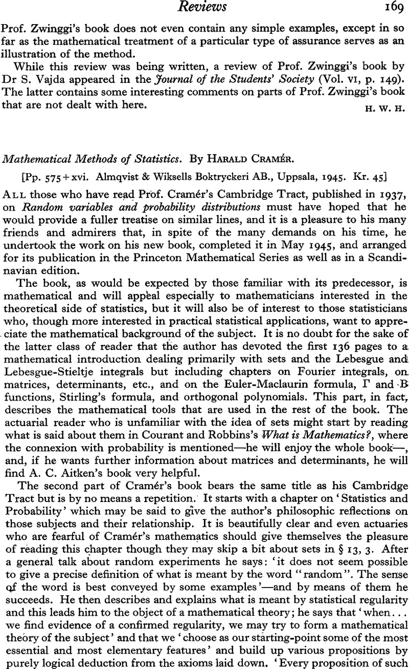 Mathematical Methods of Statistics. By Harald Cramér. [Pp. 575 +