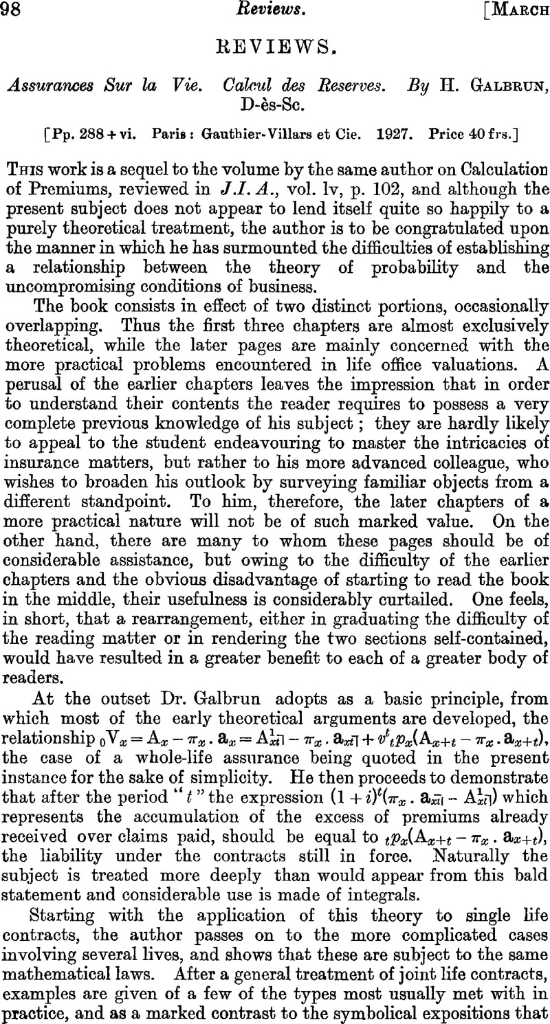 Assurances Sur La Vie. Calcul Des Reserves. By H. Galbrun, D-ès-Sc. [Pp ...