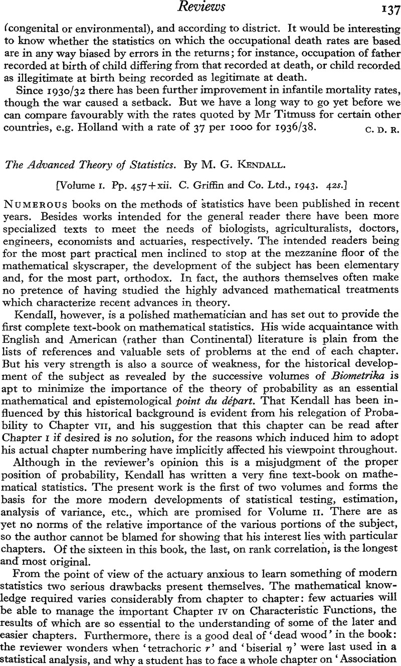 The Advanced Theory of Statistics. By M. G. Kendall. [Volume I. Pp. 457 ...