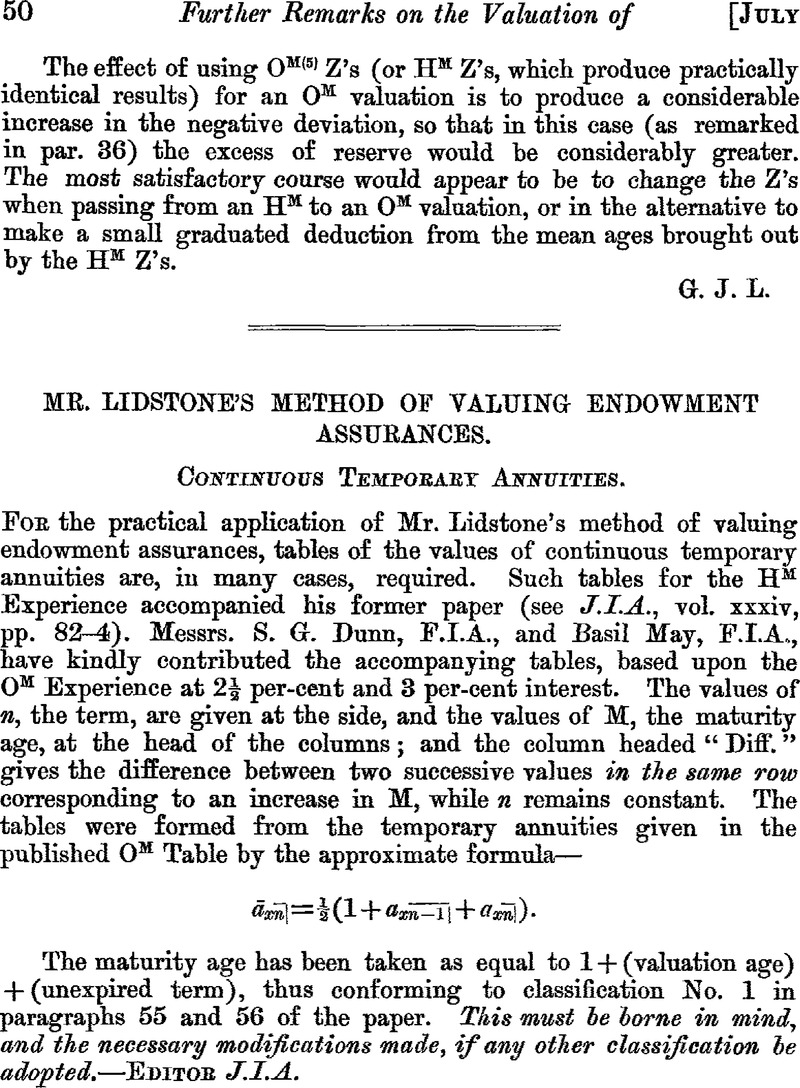 Mr. Lidstone's Method Of Valuing Endowment Assurances: Continuous ...