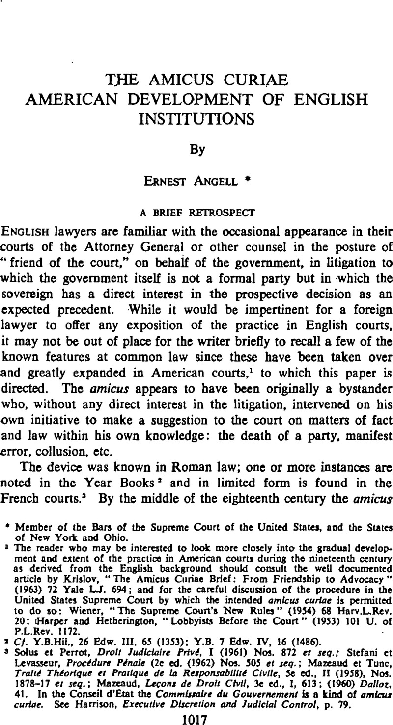 The Amicus Curiae American Development Of English Institutions ...