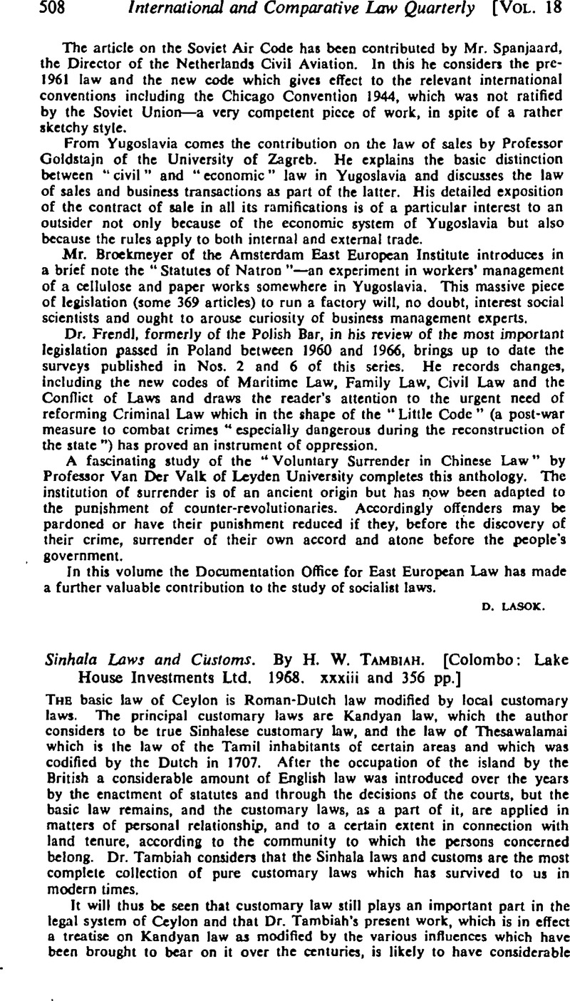 Sinhala Laws and Customs. By H. W. Tambiah. [Colombo Lake House