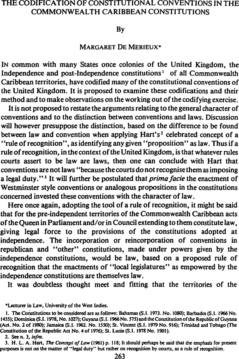 The Codification Of Constitutional Conventions In The Commonwealth Caribbean Constitutions