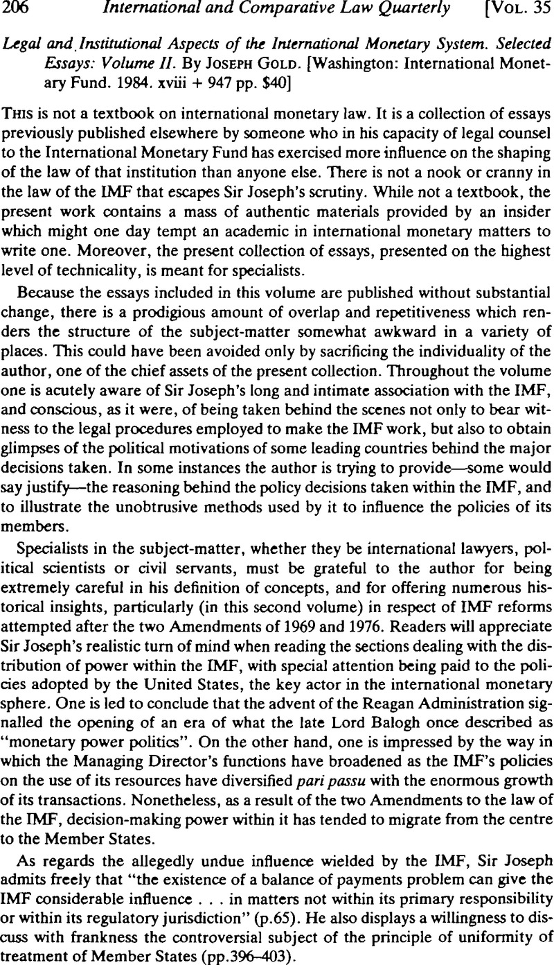 Legal and institutional aspects of the international monetary system : selected essays
