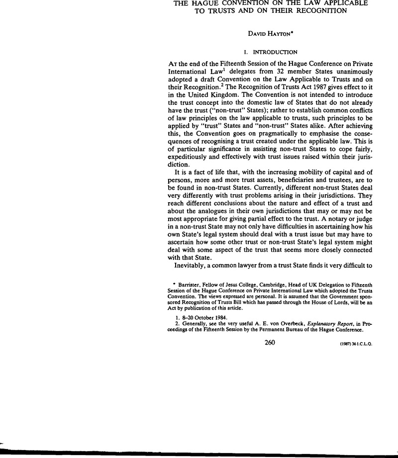 The Hague Convention on the Law Applicable to Trusts and on their Recognition International