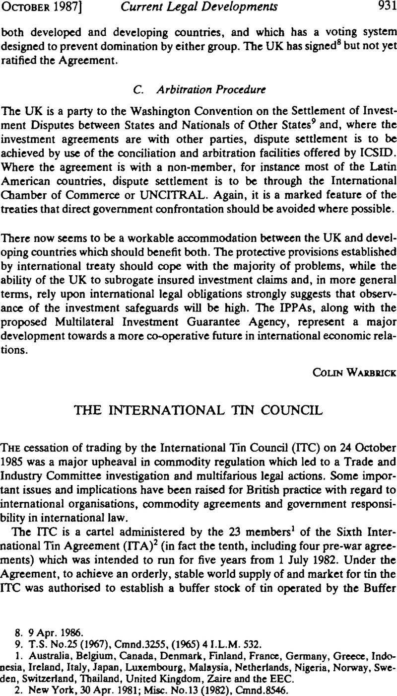 The International Tin Council | International & Comparative Law ...