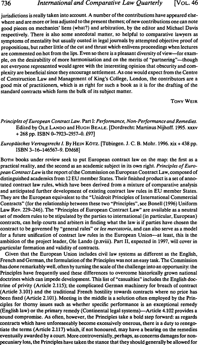 Principles of European Contract Law. Part I: Performance, Non 