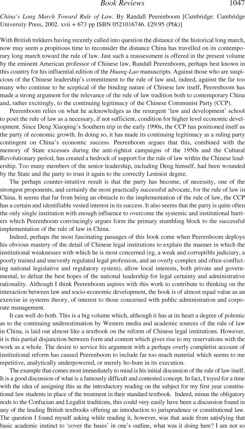 China's Long March Toward Rule of Law. By Randall Peerenboom [Cambridge ...