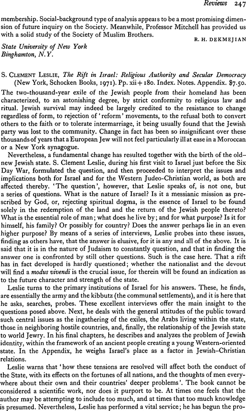 S. Clement Leslie, The Rift in Israel: Religious Authority and Secular ...