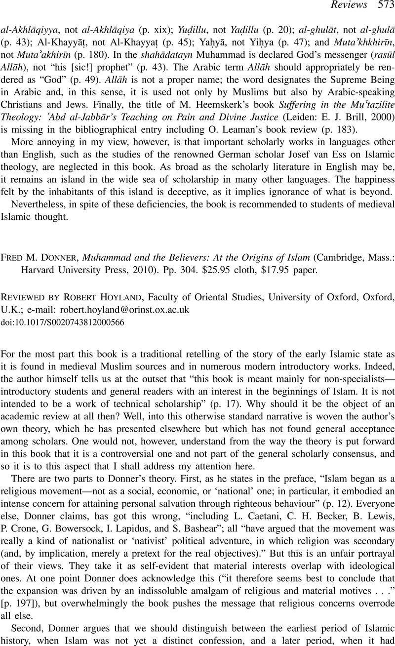 Fred M. Donner, Muhammad and the Believers: At the Origins of Islam ...