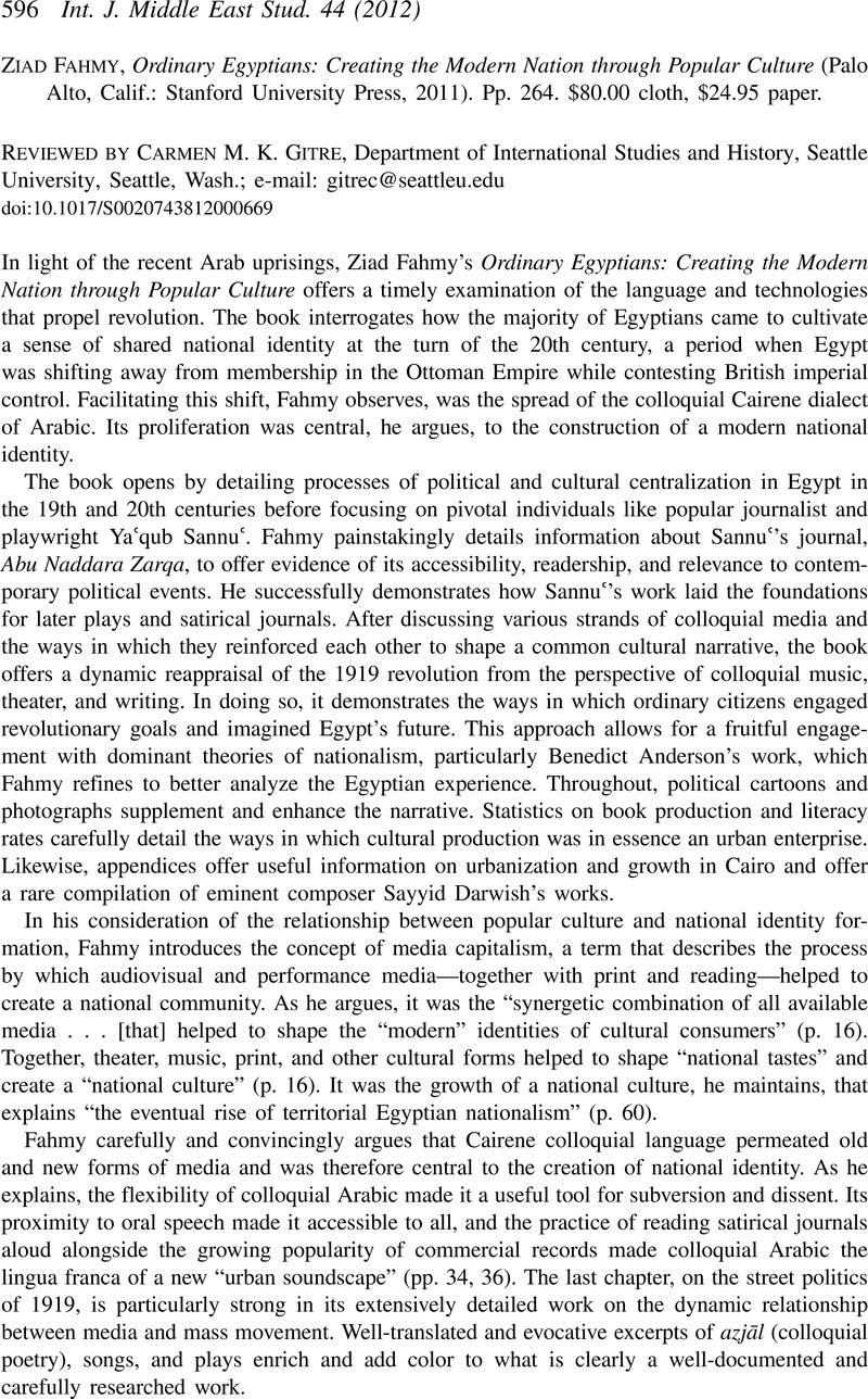 Ordinary Egyptians: Creating the Modern Nation through Popular Culture