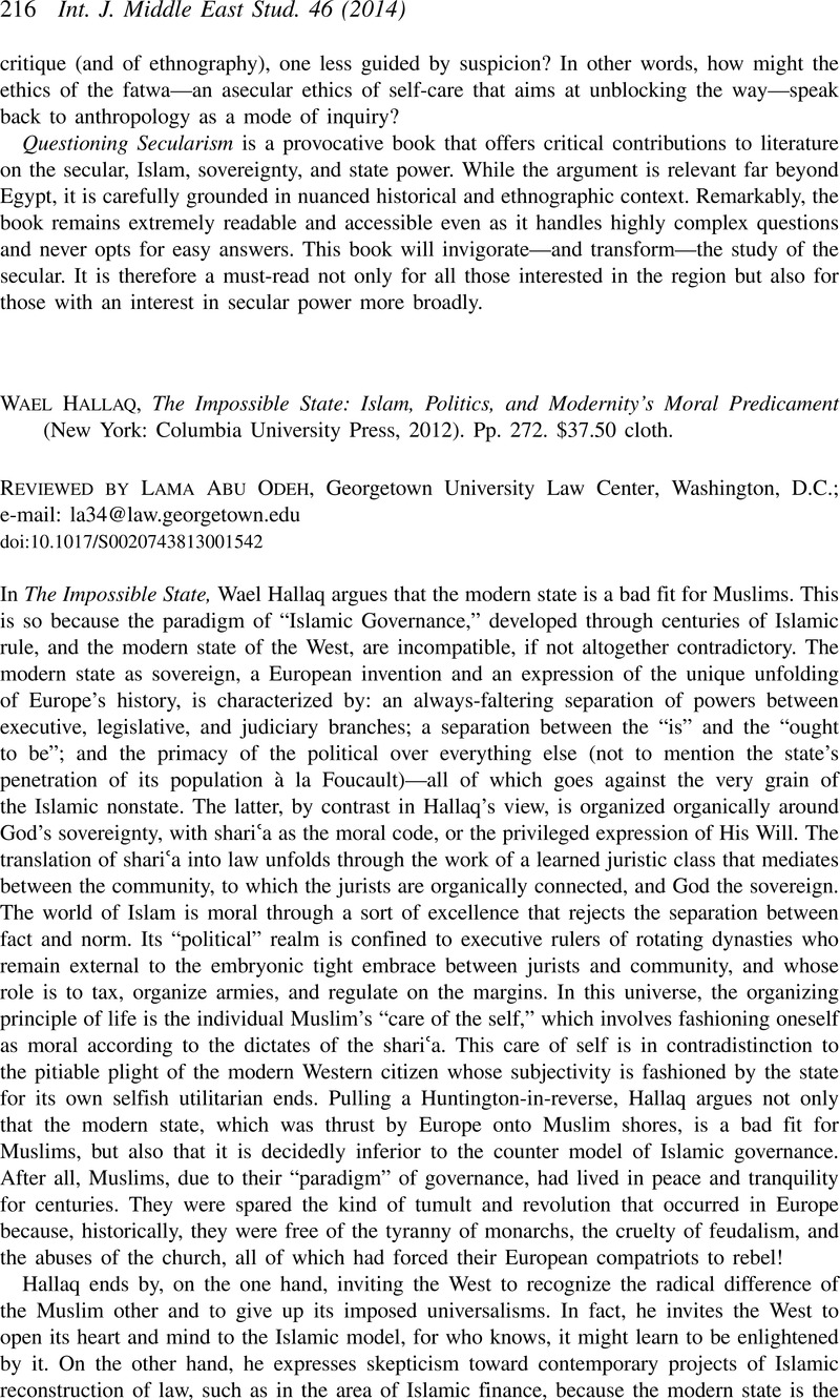 Wael Hallaq, The Impossible State: Islam, Politics, and Modernity's ...