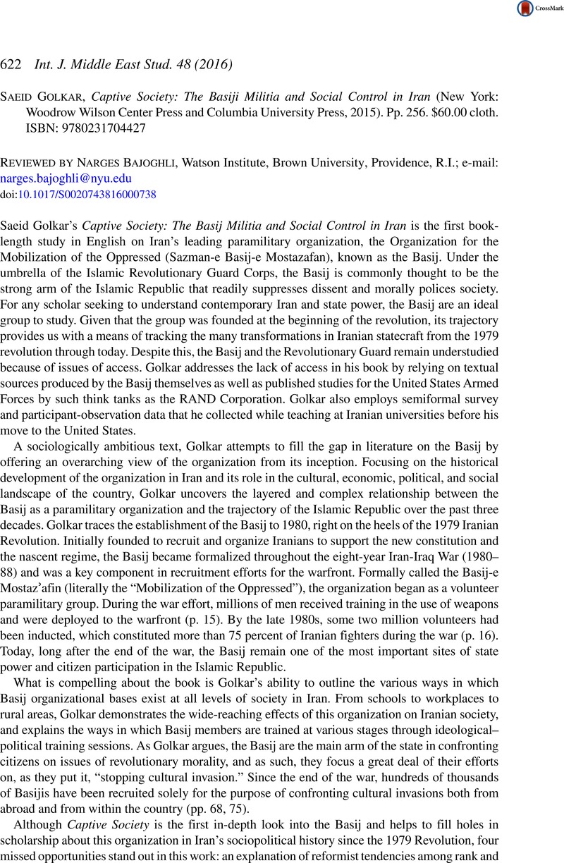 Captive Society: The Basij Militia and Social Control in Iran