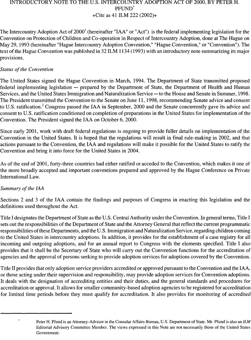 the U.S. Intercountry Adoption Act of 2000 | International Legal ...